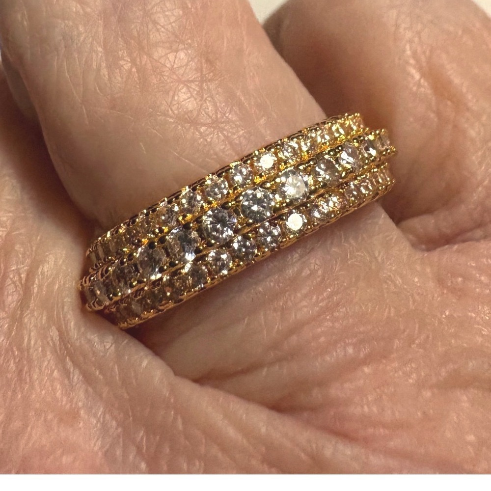 Gold Tone Triple Row Cubic Zirconia Eternity Band Ring Size 8 Pave Statement